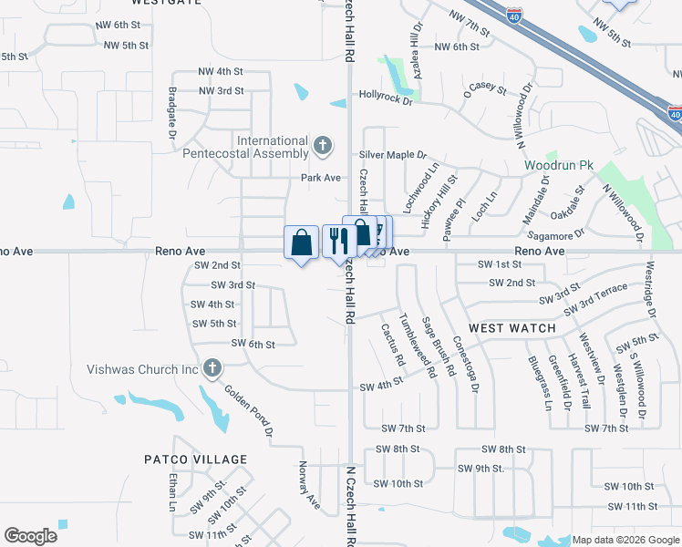 map of restaurants, bars, coffee shops, grocery stores, and more near 215 North Czech Hall Road in Yukon