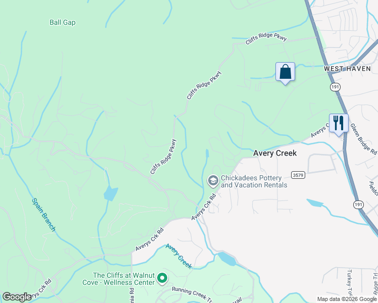 map of restaurants, bars, coffee shops, grocery stores, and more near 173 Avery Creek Road in Arden