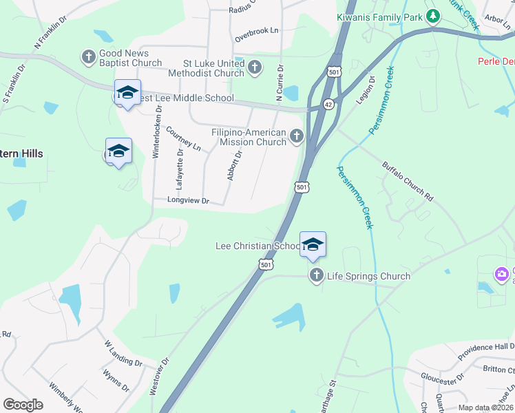 map of restaurants, bars, coffee shops, grocery stores, and more near 319 South Currie Drive in Sanford