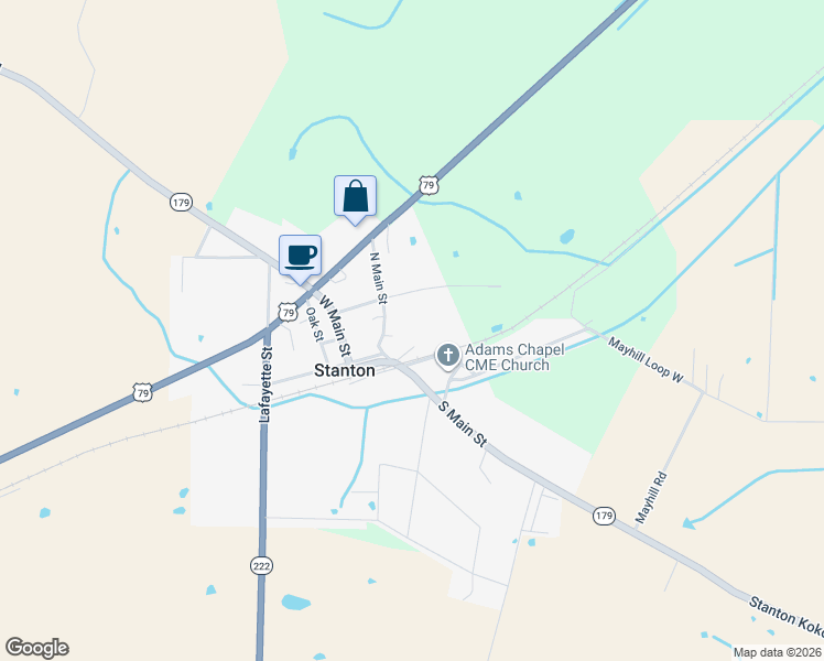 map of restaurants, bars, coffee shops, grocery stores, and more near 6 N Main St in Stanton