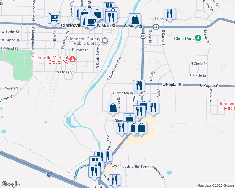 map of restaurants, bars, coffee shops, grocery stores, and more near 803 Olive Drive in Clarksville