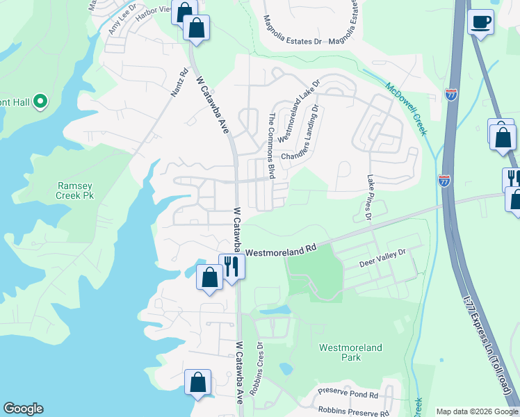 map of restaurants, bars, coffee shops, grocery stores, and more near 8200 Viewpoint Lane in Cornelius