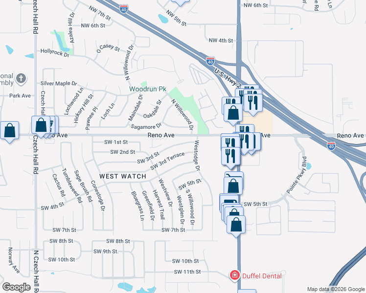 map of restaurants, bars, coffee shops, grocery stores, and more near 11616 Southwest 3rd Terrace in Yukon
