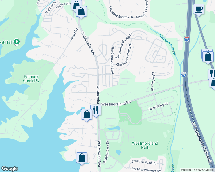 map of restaurants, bars, coffee shops, grocery stores, and more near 8200 Viewpoint Lane in Cornelius