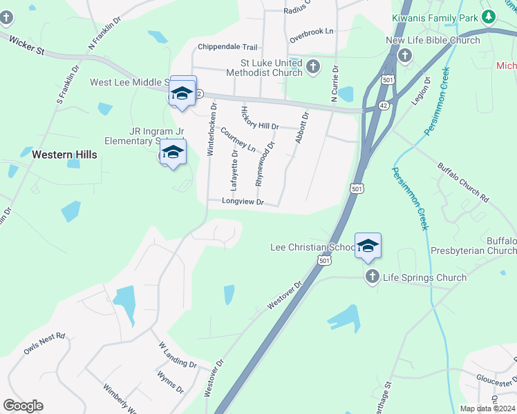map of restaurants, bars, coffee shops, grocery stores, and more near 3312 Longview Drive in Sanford