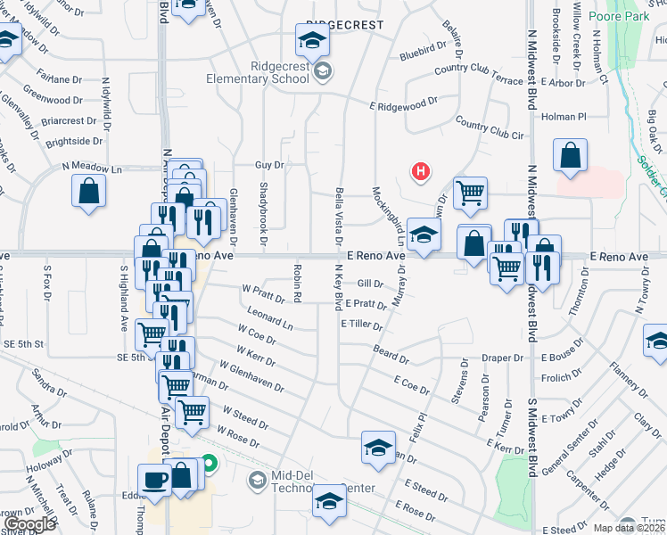 map of restaurants, bars, coffee shops, grocery stores, and more near 2513 North key Boulevard in Midwest City