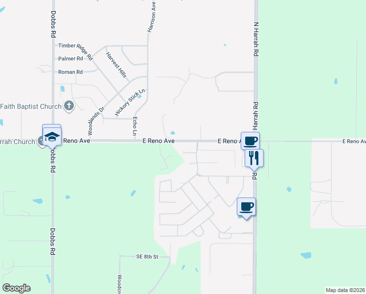 map of restaurants, bars, coffee shops, grocery stores, and more near 20638 Tempe Avenue in Harrah
