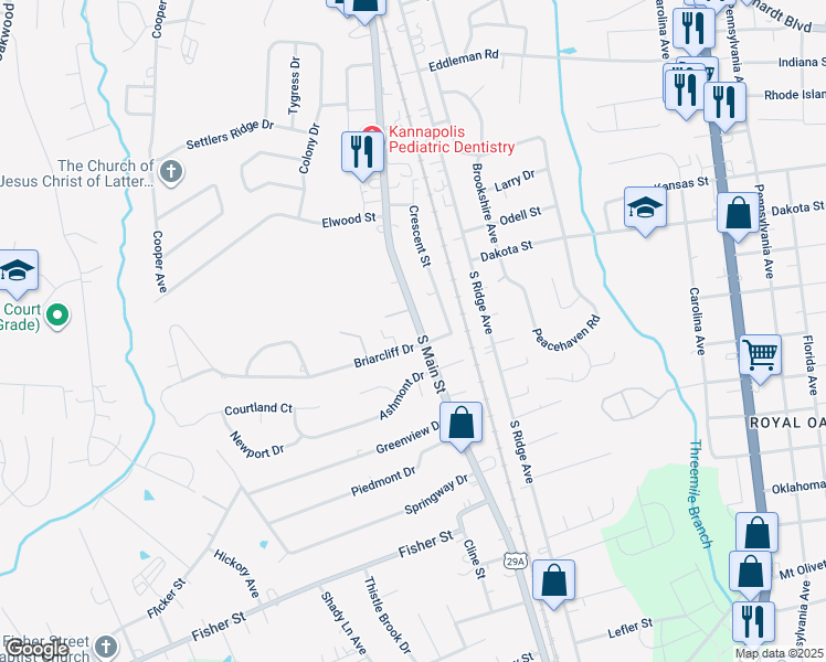 map of restaurants, bars, coffee shops, grocery stores, and more near 105 Briarcliff Drive in Kannapolis
