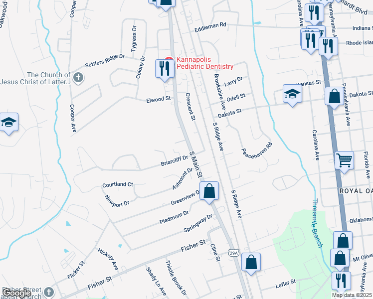 map of restaurants, bars, coffee shops, grocery stores, and more near 105 Briarcliff Drive in Kannapolis