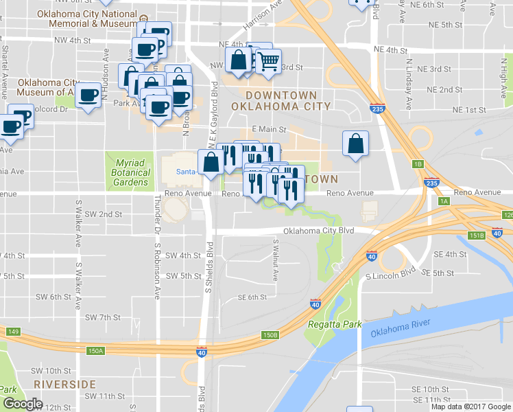 map of restaurants, bars, coffee shops, grocery stores, and more near 100 Southeast 2nd Street in Oklahoma City