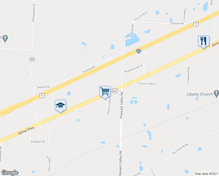 map of restaurants, bars, coffee shops, grocery stores, and more near 5915 Alma Highway in Van Buren