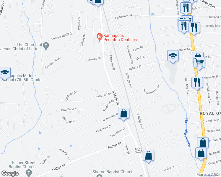 map of restaurants, bars, coffee shops, grocery stores, and more near 2146 South Main Street in Kannapolis