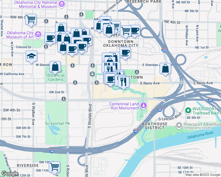 map of restaurants, bars, coffee shops, grocery stores, and more near 100 Southeast 2nd Street in Oklahoma City