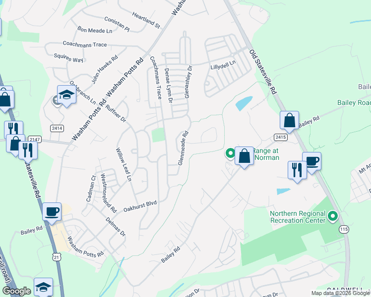 map of restaurants, bars, coffee shops, grocery stores, and more near 10312 Glenmeade Road in Cornelius