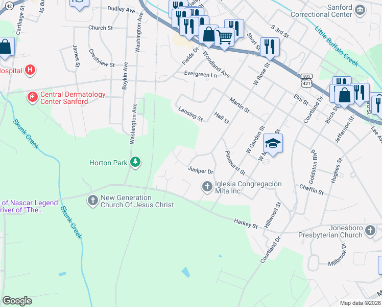 map of restaurants, bars, coffee shops, grocery stores, and more near 806 Juniper Drive in Sanford