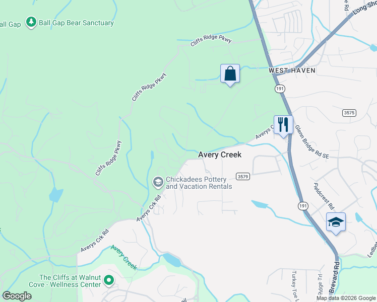 map of restaurants, bars, coffee shops, grocery stores, and more near 122 Avery Creek Road in Arden