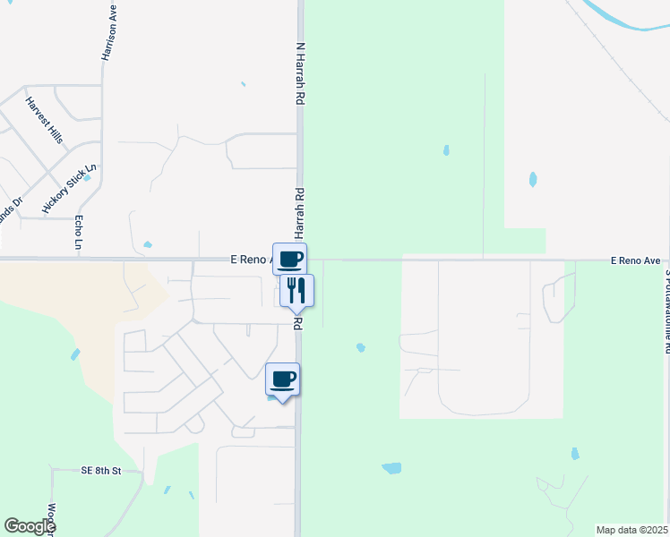 map of restaurants, bars, coffee shops, grocery stores, and more near 454 South Harrah Road in Harrah