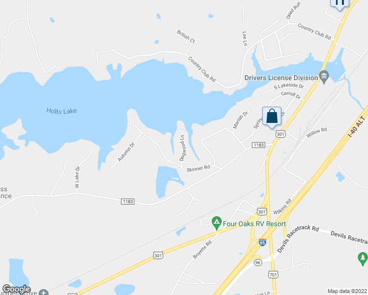 map of restaurants, bars, coffee shops, grocery stores, and more near 101 Dogwood Lane in Four Oaks