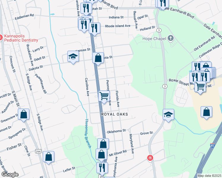 map of restaurants, bars, coffee shops, grocery stores, and more near 2301 Pennsylvania Avenue in Kannapolis