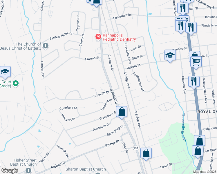 map of restaurants, bars, coffee shops, grocery stores, and more near 2144 South Main Street in Kannapolis