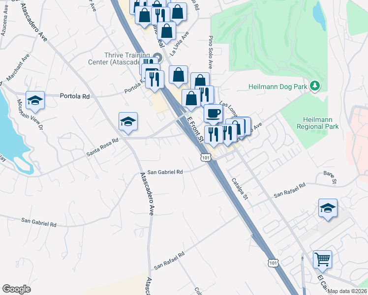 map of restaurants, bars, coffee shops, grocery stores, and more near 8830 Old Santa Rosa Road in Atascadero