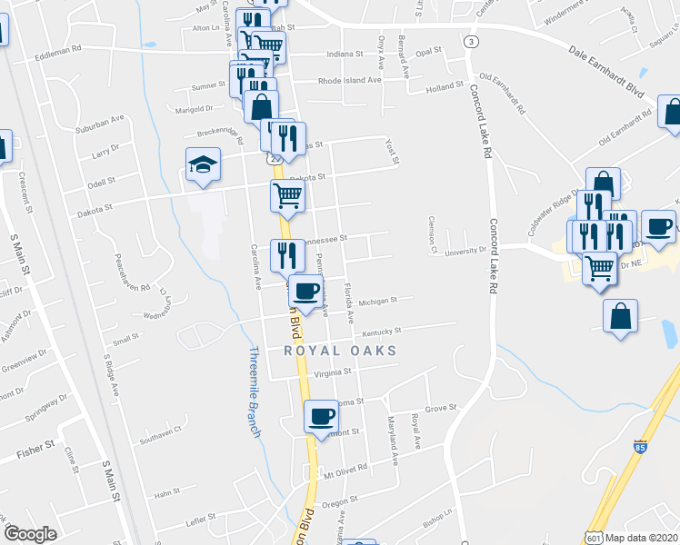 map of restaurants, bars, coffee shops, grocery stores, and more near 2301 Pennsylvania Avenue in Kannapolis