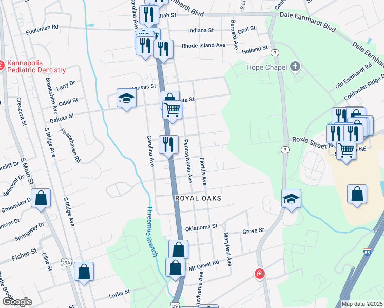 map of restaurants, bars, coffee shops, grocery stores, and more near 2301 Pennsylvania Avenue in Kannapolis
