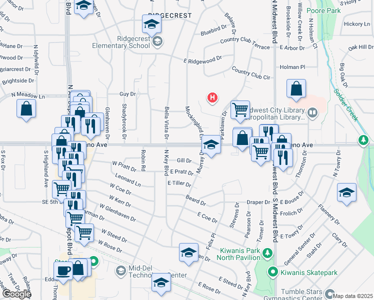 map of restaurants, bars, coffee shops, grocery stores, and more near 121 Gill Drive in Midwest City