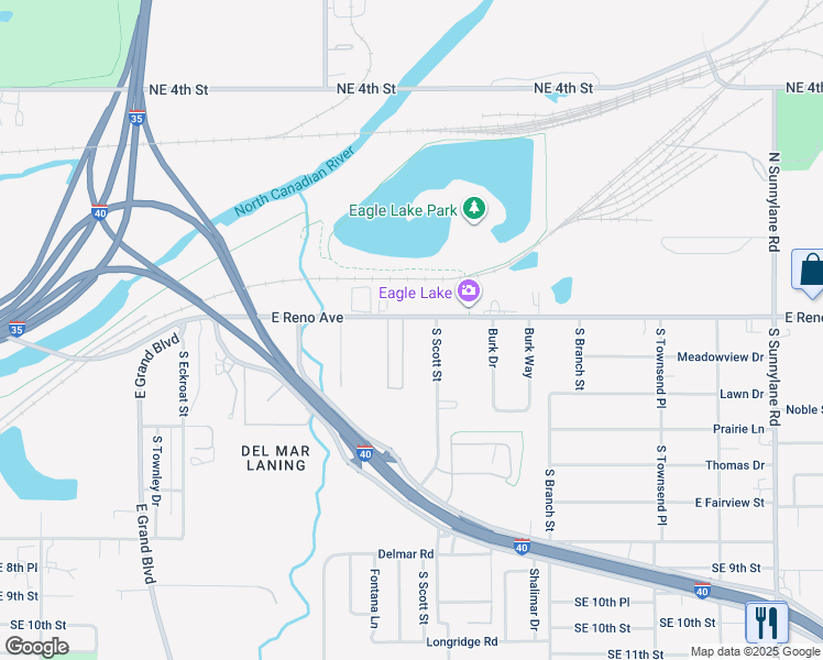 map of restaurants, bars, coffee shops, grocery stores, and more near 26 Eastbrook Drive in Oklahoma City