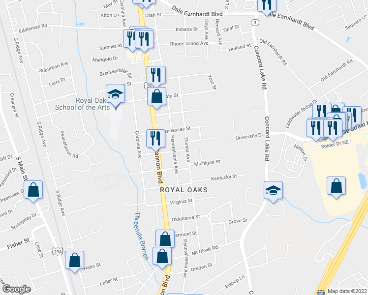 map of restaurants, bars, coffee shops, grocery stores, and more near 2210 Florida Avenue in Kannapolis