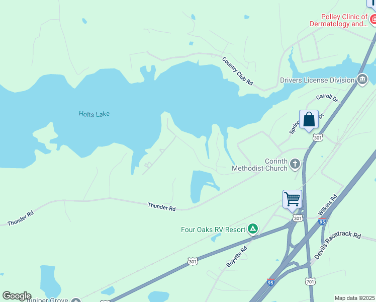 map of restaurants, bars, coffee shops, grocery stores, and more near 305 Skinner Road in Four Oaks