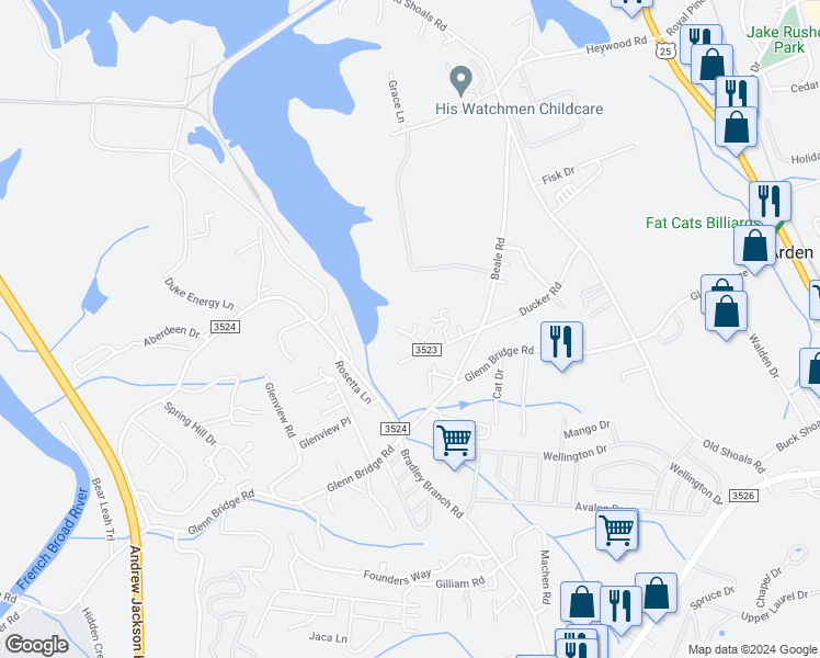 map of restaurants, bars, coffee shops, grocery stores, and more near 102 Ican Court in Arden
