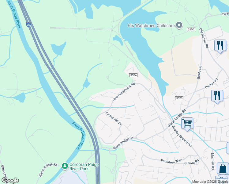 map of restaurants, bars, coffee shops, grocery stores, and more near 124 New Rockwood Road in Arden