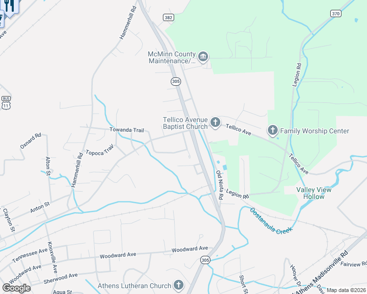 map of restaurants, bars, coffee shops, grocery stores, and more near 1323 Towanda Trail in Athens