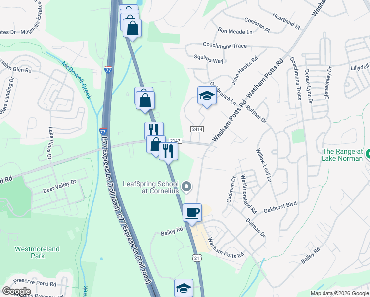 map of restaurants, bars, coffee shops, grocery stores, and more near 18200 Statesville Road in Cornelius