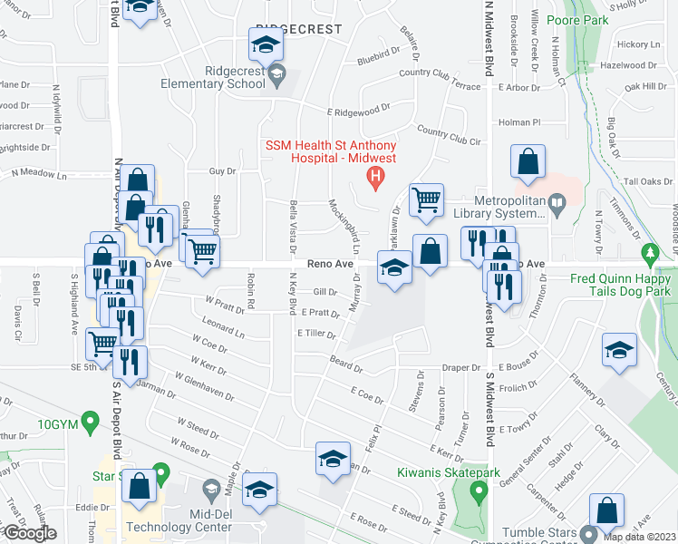 map of restaurants, bars, coffee shops, grocery stores, and more near 204 East Morningside Drive in Midwest City