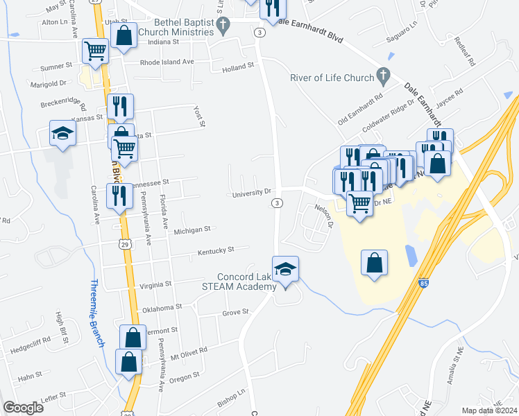 map of restaurants, bars, coffee shops, grocery stores, and more near 1810 Concord Lake Road in Kannapolis