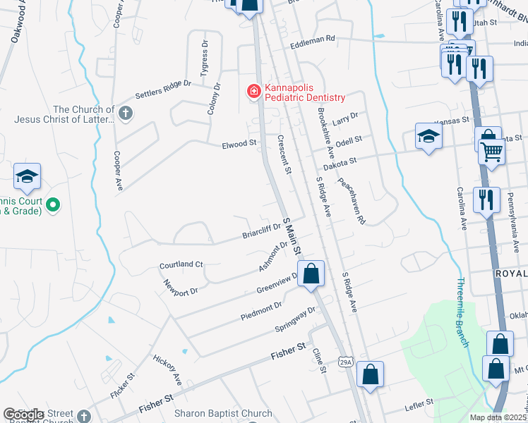 map of restaurants, bars, coffee shops, grocery stores, and more near 2123 Carriage Woods Lane in Kannapolis