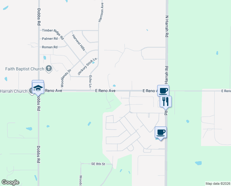 map of restaurants, bars, coffee shops, grocery stores, and more near 20509 East Reno Avenue in Harrah
