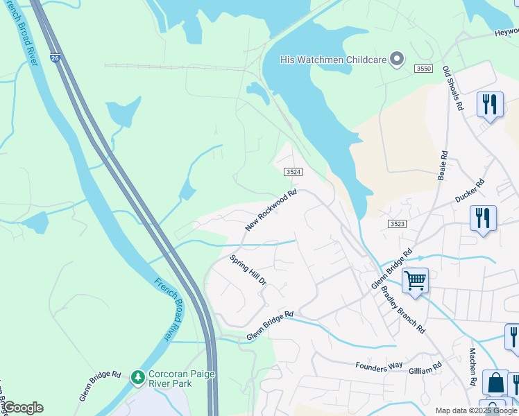 map of restaurants, bars, coffee shops, grocery stores, and more near 96 New Rockwood Road in Arden