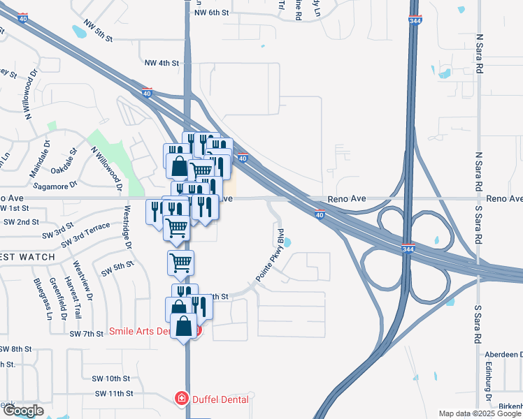 map of restaurants, bars, coffee shops, grocery stores, and more near 201 Pointe Parkway Boulevard in Yukon