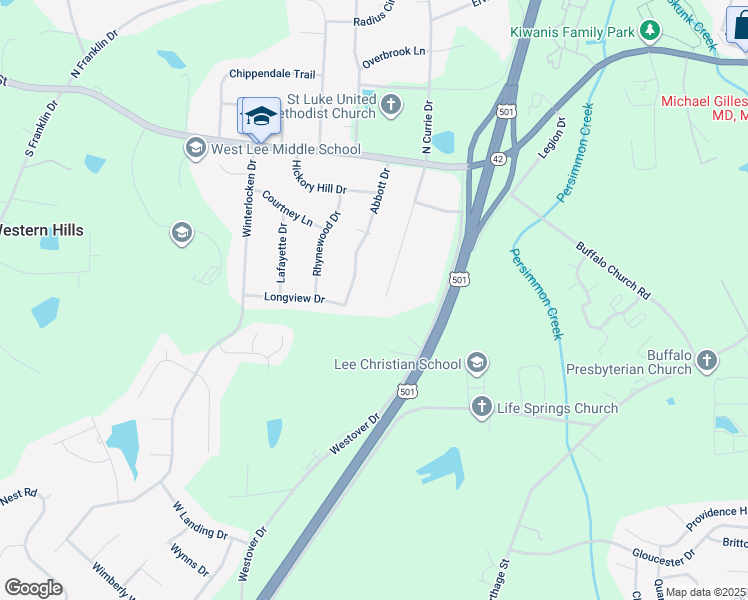 map of restaurants, bars, coffee shops, grocery stores, and more near 318 South Currie Drive in Sanford