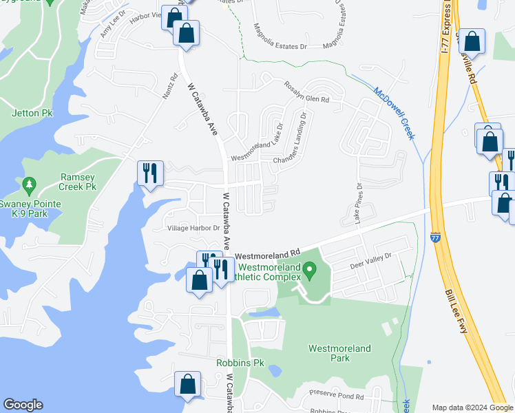map of restaurants, bars, coffee shops, grocery stores, and more near 18325 The Commons Boulevard in Cornelius