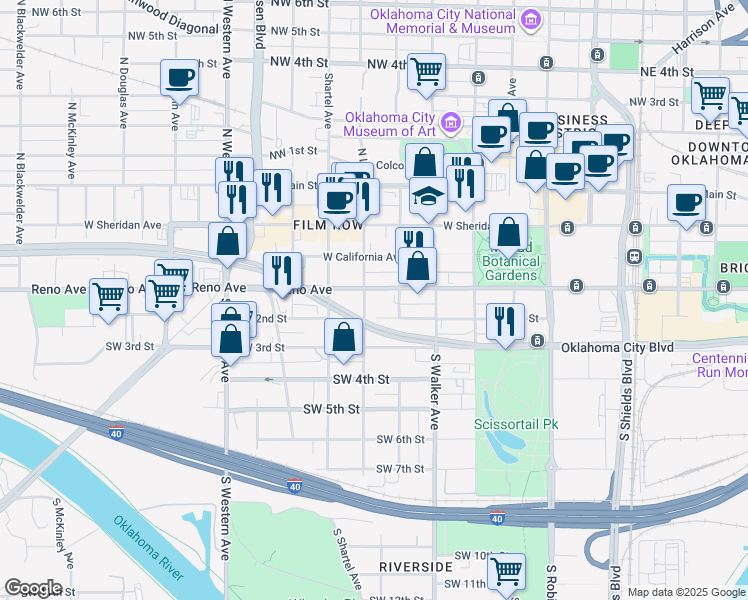 map of restaurants, bars, coffee shops, grocery stores, and more near 629 West Reno Avenue in Oklahoma City