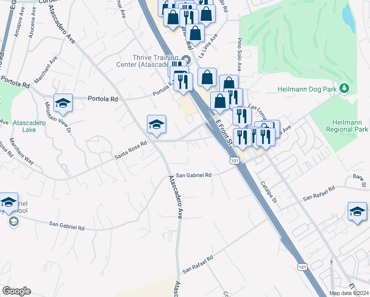 map of restaurants, bars, coffee shops, grocery stores, and more near 8670 Santa Rosa Road in Atascadero