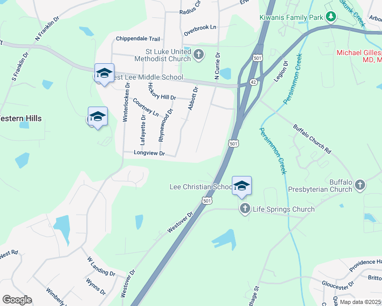map of restaurants, bars, coffee shops, grocery stores, and more near 318 South Currie Drive in Sanford