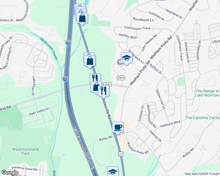 map of restaurants, bars, coffee shops, grocery stores, and more near 9509 Westmoreland Road in Cornelius