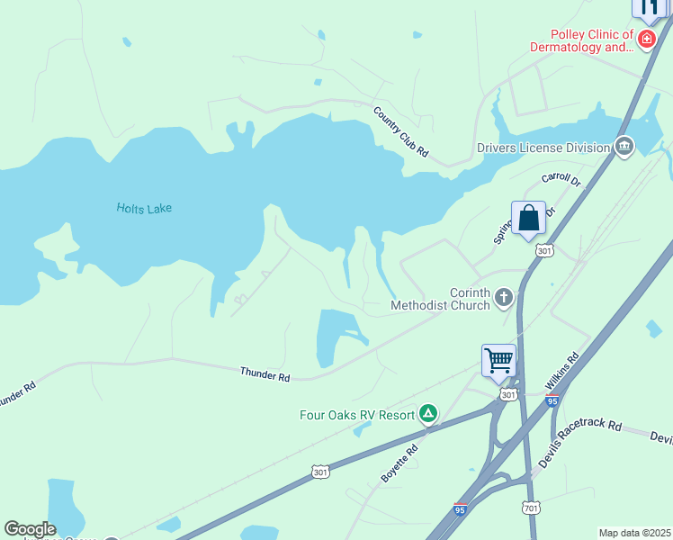 map of restaurants, bars, coffee shops, grocery stores, and more near 310 Skinner Road in Four Oaks
