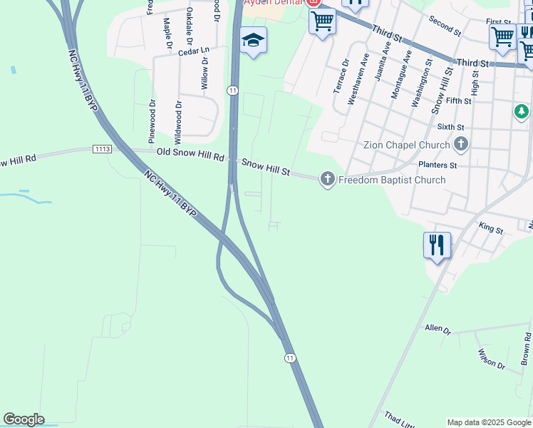map of restaurants, bars, coffee shops, grocery stores, and more near 128 Snow Hill Street in Ayden