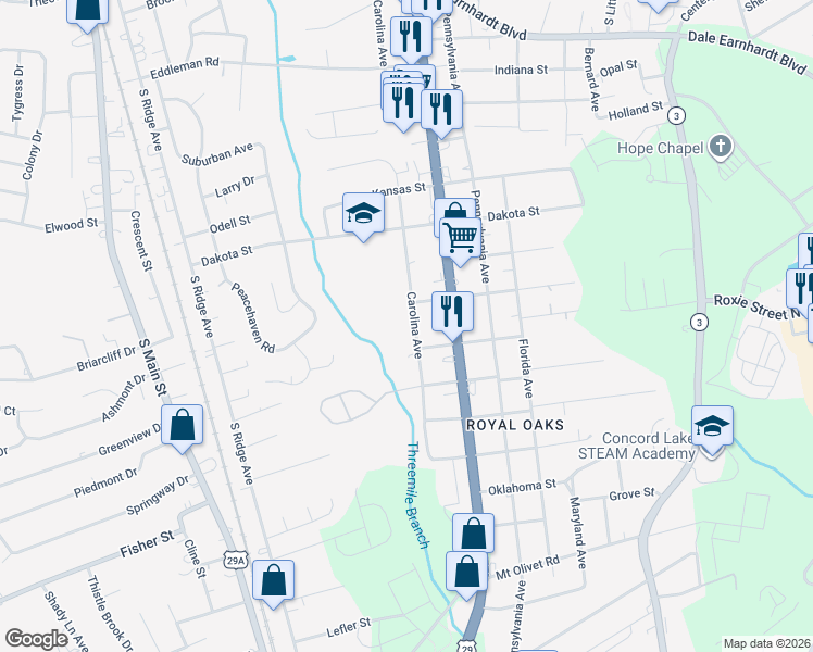 map of restaurants, bars, coffee shops, grocery stores, and more near 2200 Carolina Avenue in Kannapolis